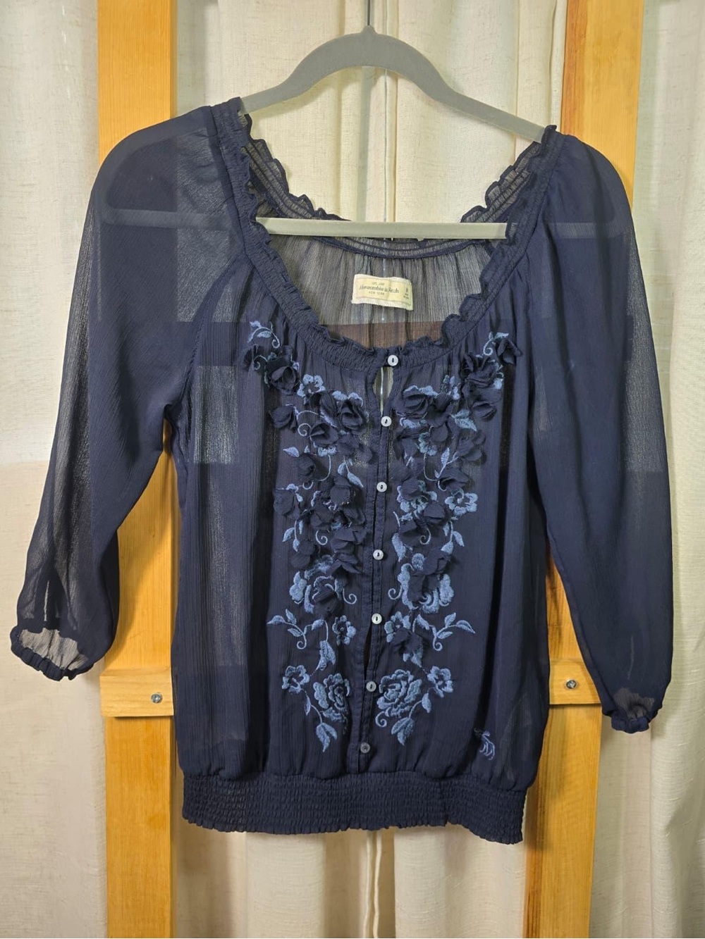 Women’s Abercrombie & Fitch Navy Blue Embroidered Button-Front Top